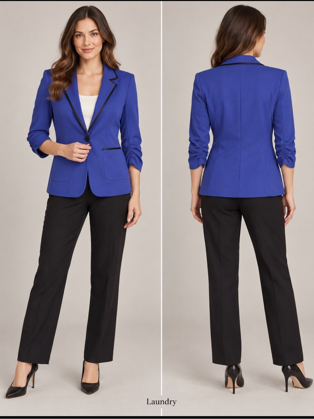 Laundry Royal Blue Black Trim Ruched Sleeve Blazer Jacket Size 6